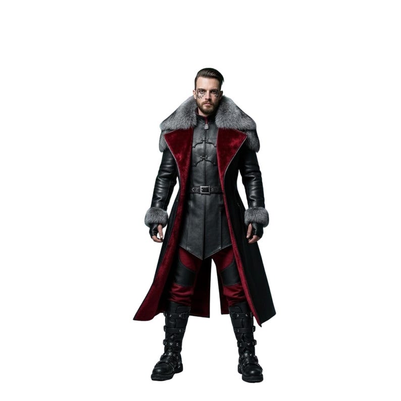 May include: A black leather coat with a red interior and fur collar. The coat features fur cuffs and a belt. The outfit includes black pants with red accents and black boots. The overall style is a mix of gothic and modern.