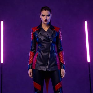 May include: Black and red leather jacket with quilted red accents on the shoulders and sleeves. The jacket has a diagonal zipper closure and a red collar. The model is wearing black pants with red accents. The background is a gradient of purple.