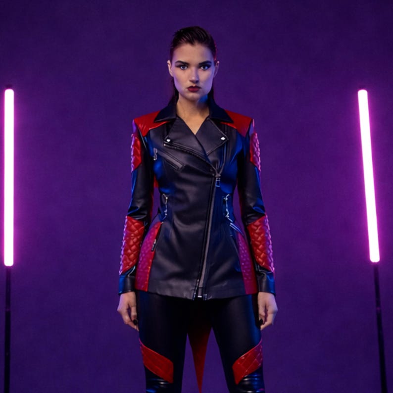 May include: Black and red leather jacket with quilted red accents on the shoulders and sleeves. The jacket has a diagonal zipper closure and a red collar. The model is wearing black pants with red accents. The background is a gradient of purple.
