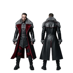 May include: A black leather coat with a faux fur collar and cuffs. The coat features a red interior lining and accents, a belt, and decorative buckles on the boots. The coat is shown from the front and back.