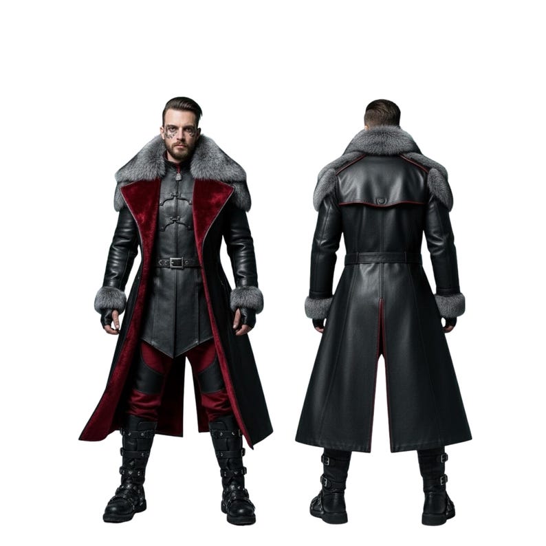 May include: A black leather coat with a faux fur collar and cuffs. The coat features a red interior lining and accents, a belt, and decorative buckles on the boots. The coat is shown from the front and back.
