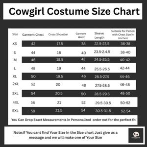 May include: Cowgirl costume size chart with measurements in inches. Includes sizes XS to 5XL, detailing garment chest, cross shoulder, waist, and sleeve length. The chart also indicates the suitable chest size for each costume size.