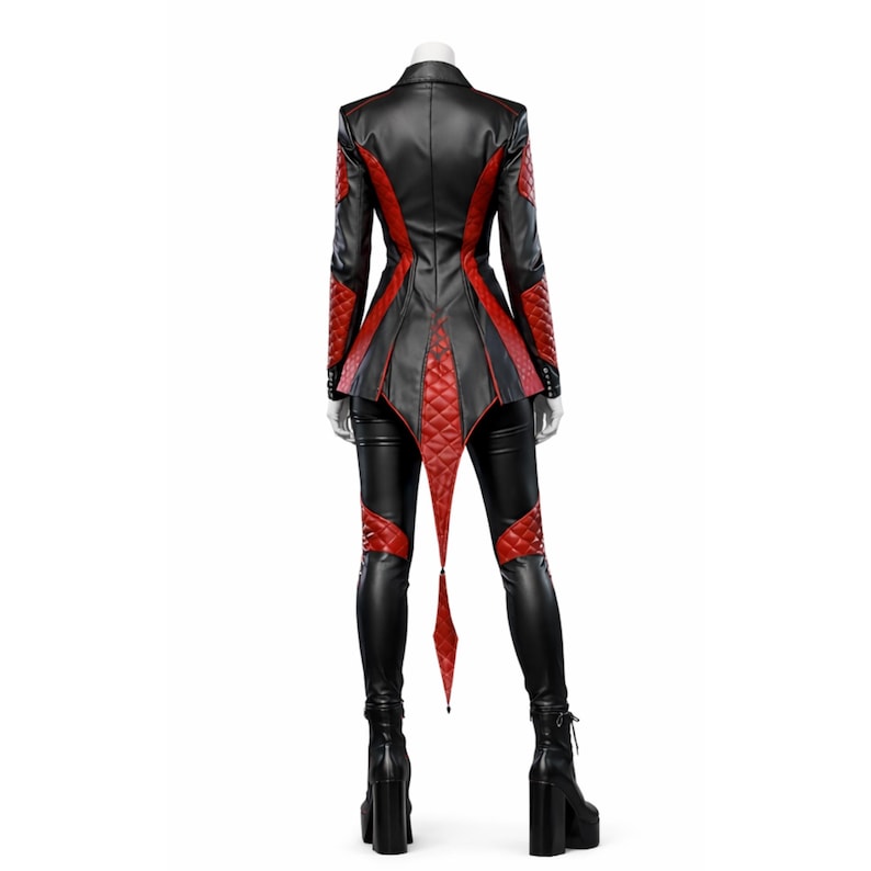 May include: Black and red faux leather outfit. The jacket has a quilted red design on the sleeves and back, with a pointed tail. The matching pants also feature red quilted accents. The outfit is completed with black platform boots.