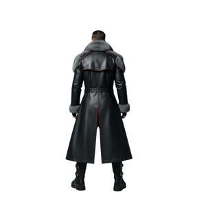 May include: A black leather coat with a fur collar and cuffs. The coat has a belt at the waist and red trim. The person is wearing black boots. The coat is a long, stylish design.