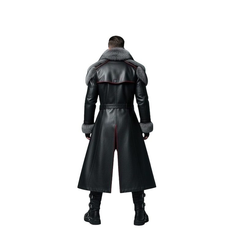 May include: A black leather coat with a fur collar and cuffs. The coat has a belt at the waist and red trim. The person is wearing black boots. The coat is a long, stylish design.