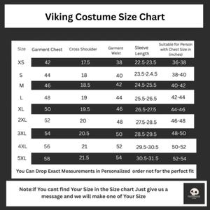 May include: A Viking costume size chart with measurements in inches. The chart includes sizes XS to 5XL, detailing garment chest, cross shoulder, waist, and sleeve length. It also indicates the suitable chest size range for each size.