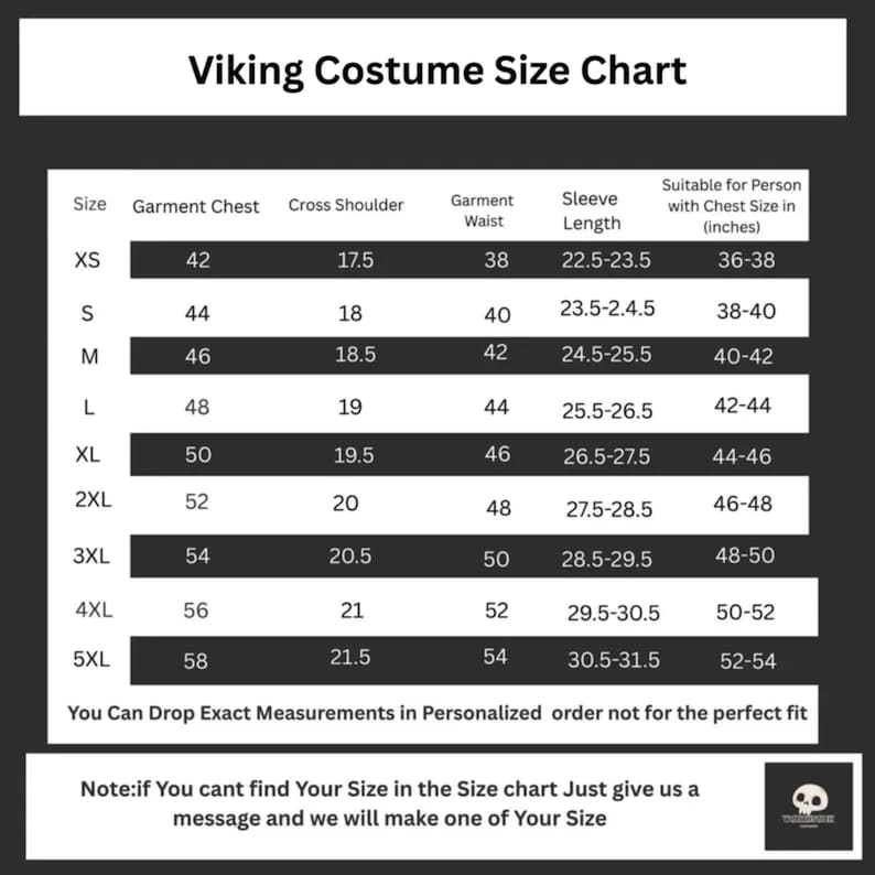 May include: A Viking costume size chart with measurements in inches. The chart includes sizes XS to 5XL, detailing garment chest, cross shoulder, waist, and sleeve length. It also indicates the suitable chest size range for each size.