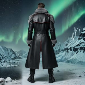 May include: A long black leather coat with gray fur trim on the collar and cuffs. The coat has a belt at the waist and red accents. The background features a snowy landscape and the aurora borealis.