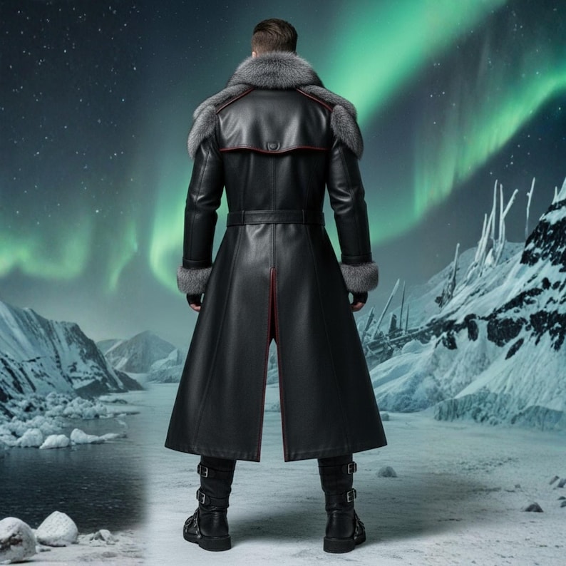 May include: A long black leather coat with gray fur trim on the collar and cuffs. The coat has a belt at the waist and red accents. The background features a snowy landscape and the aurora borealis.