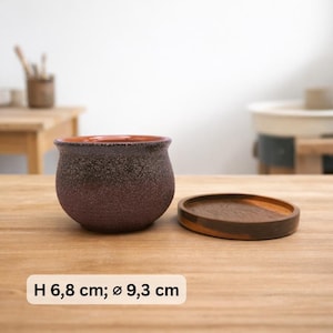 Keramik-Pflanzentopf mit Drainageloch & Akazienholz-Untersetzer | robuster Blumentopf vintage rustikal | für Kakteen und Sukkulenten 4 (H:6.8cm;D:9.3cm)