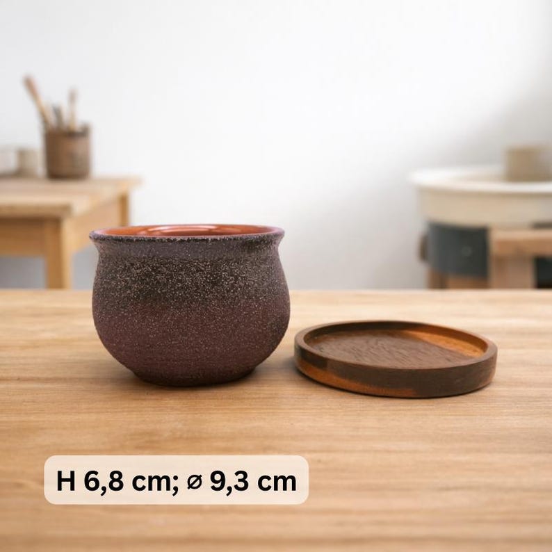 Keramik-Pflanzentopf mit Drainageloch & Akazienholz-Untersetzer | robuster Blumentopf vintage rustikal | für Kakteen und Sukkulenten 4 (H:6.8cm;D:9.3cm)