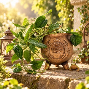 May include: A bronze-colored cauldron-shaped planter with three legs, featuring the embossed text "HERBAL MAGIC" and celestial symbols. A trailing green plant with heart-shaped leaves grows from the pot, which sits near a small frog figurine.