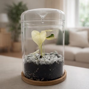 Peut inclure: Un terrarium en verre transparent avec une petite plante à l'intérieur. La plante a des feuilles en forme de cœur vert clair et est entourée de galets blancs et de terre sombre. Le terrarium repose sur une base en bois ronde.