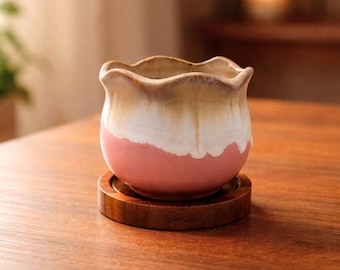 Keramik-Blumentopf mit Drainageloch und Untersetzer aus Akazienholz | glasiert | 8 cm hoch