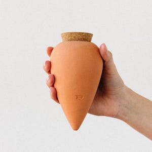 Può includere: Un vaso color terracotta con un tappo di sughero. Il vaso ha una parte superiore arrotondata e un fondo affusolato e appuntito. Le iniziali "JP" sono stampate sul lato. Il vaso è tenuto in mano su sfondo bianco.