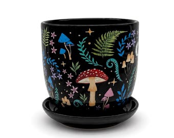 Blumentopf mit Drainageloch und Untersetzer Keramik “Dark Forest” / 12 x 13 cm