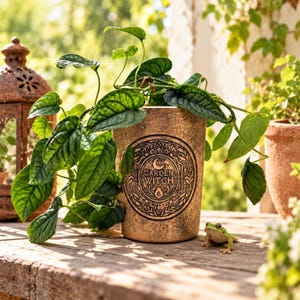 Peut inclure: Un pot de fleurs cylindrique de couleur bronze avec une finition patinée, orné d'un emblème circulaire en relief portant l'inscription GARDEN WITCH, un croissant de lune et des feuilles. Une plante grimpante verte en sort et une petite grenouille est posée à côté.