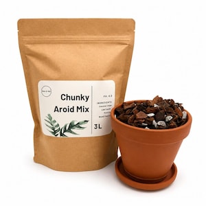 Op de afbeelding: Een bruine papieren zak met "Chunky Aroid Mix" potgrond met een wit etiket en een terracotta pot gevuld met grondmengsel. Het etiket vermeldt de ingrediënten en de zak bevat 3L mix. De pot staat op een bijpassende schotel.