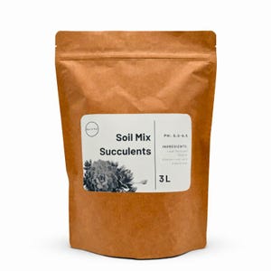 Puede incluir: Una bolsa de papel marrón con mezcla de tierra para suculentas. La etiqueta blanca dice "Soil Mix Succulents" con una ilustración de suculenta. La bolsa contiene 3L de mezcla de tierra con un pH de 5,5-6,5. Ingredientes: mantillo de hojas, piedra pómez, arena de río gruesa y grava fina.