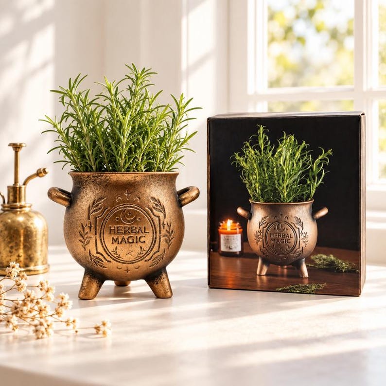 May include: A bronze-colored cauldron-shaped planter with two handles and three legs, featuring the embossed text "HERBAL MAGIC" and celestial symbols. The planter holds a green rosemary plant and is displayed next to its matching product box.