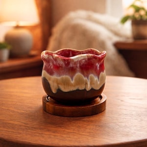 Keramiek-Blumentopf met Drainageloch en Untersetzer aus Akazienholz | glasiert | 8 cm hoog