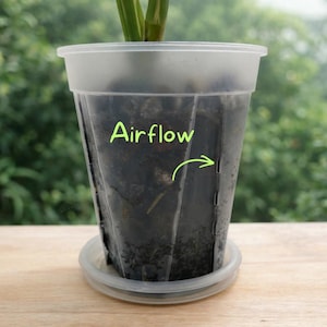 Könnte beinhalten: Ein klarer Kunststoff-Pflanztopf mit dem Wort "Airflow" in grüner Schrift. Der Topf enthält Erde und eine Pflanze. Der Topf steht auf einer durchsichtigen Untertasse. Der Hintergrund ist eine verschwommene Ansicht von grünem Laub.