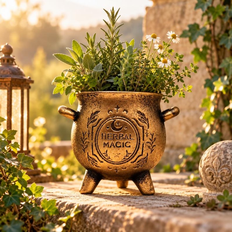 May include: A bronze-colored cauldron-shaped planter with three legs and two side handles. The front features an embossed circular design with a crescent moon, stars, and the text "HERBAL MAGIC" surrounded by leafy sprigs. It contains green herbs.