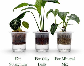 May include: Three clear plastic net pots containing green plants in different substrates. The left pot holds sphagnum moss, the center pot contains clay balls, and the right pot holds a mineral mix. Text below reads For Sphagnum, For Clay Balls, For Mineral Mix.