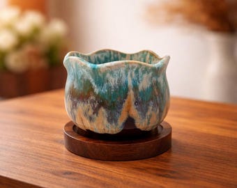 Keramik Pflanzentopf mit Akazienholz-Untersetzer