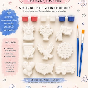 Puede incluir: Kit de manualidades con piezas de yeso patrióticas, botes de pintura y pinceles. El kit incluye formas de yeso de la Estatua de la Libertad, un águila y la bandera americana. Ideal para el 4 de julio.