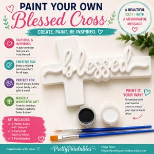 Può includere: Un kit per il fai da te con una croce in gesso che riporta la parola blessed in corsivo, due piccoli barattoli di vernice nera e bianca e due pennelli con manico blu. Il testo sull'immagine recita Paint Your Own Blessed Cross.