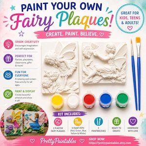 Fairy Plaque Paint Kit Set of 2 Detailed Plaster Fairy Wall Art Pieces DIY Painting Craft with Paints & Brushes Creative Relaxation Gift