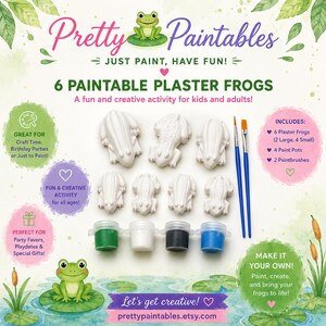 Puede incluir: Un kit de manualidades con seis ranas de yeso para pintar, cuatro botes de pintura y dos pinceles. El kit incluye dos figuras de rana grandes y cuatro pequeñas. El texto dice "Pretty Paintables" y "Let's get creative!"