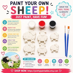 Puede incluir: Un kit de manualidades para pintar ovejas que incluye seis figuras de ovejas de yeso blanco, tres botes de pintura en blanco, rojo y negro, y dos pinceles azules. El kit presenta etiquetas de texto e iconos que detallan el contenido.