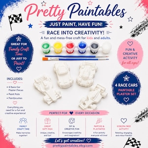 Puede incluir: Un kit de manualidades con el texto "Pretty Paintables" incluye cuatro piezas de yeso de coches de carreras, botes de pintura y pinceles. El kit está diseñado para manualidades familiares y diversión creativa para todas las edades.
