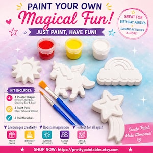 Puede incluir: Un kit de manualidades para pintar con cuatro figuras de yeso blanco: un unicornio, un arcoíris, una estrella fugaz y un sol. Incluye tres botes de pintura en rojo, amarillo y blanco, y dos pinceles con mango azul. El texto incluye "Paint Your Own Magical Fun!" y "Kit Includes: 4 Plaster Shapes, 3 Paint Pots, 2 Paintbrushes."