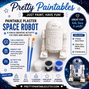 以下が含まれることがあります： 白い石膏製のスペースロボットクラフトキット。白、黒、青の3色の絵の具と2本の筆が含まれています。子供から大人まで楽しめる創造的なアクティビティで、パーティーや教室に最適です。「Pretty Paintables」と書かれています。