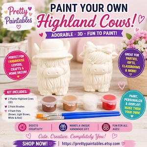 Highland Cow Paint Your Own 3D Plaster Kit Cute Farm Animal Craft Set with Paint & Brushes DIY Cow Painting Activity Farmhouse Party Favor
