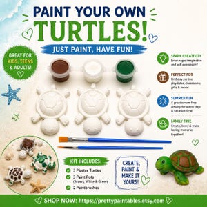 May include: A paint your own turtles kit featuring three white plaster turtle figurines, three small paint pots in brown, white, and green, and two blue paintbrushes. The text reads Paint Your Own Turtles! Just Paint, Have Fun! and Kit Includes.