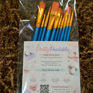 Puede incluir: Un juego de pinceles con mangos azules y virolas doradas, empaquetados en una funda de plástico transparente. Los pinceles tienen cerdas naranjas. El paquete incluye una tarjeta con el texto "Pretty Paintables" e instrucciones.