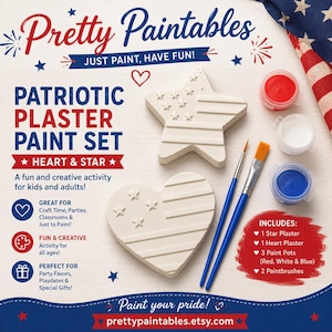 May include: A patriotic plaster paint set with a star and heart-shaped plaster figures. Includes red, white, and blue paint pots and two paintbrushes. The set is designed for kids and adults, perfect for parties and creative activities.