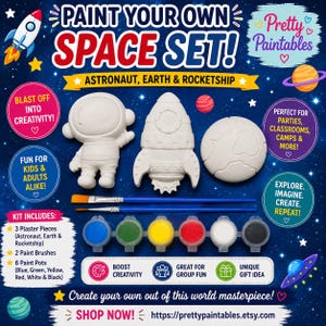 Kit para pintar tu propia aventura espacial / Set de manualidades de yeso de astronauta, cohete y Tierra. Actividad STEM para niños. Idea de regalo creativa para fiestas espaciales.