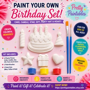Puede incluir: Un kit de manualidades de cumpleaños con seis figuras de yeso blanco que incluyen un pastel, una vela, una estrella, un regalo, un gorro de fiesta y un corazón. Incluye dos pinceles con mango azul y tres botes de pintura azul, amarilla y roja.