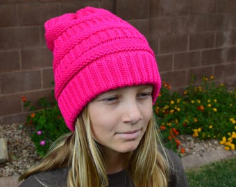 Handgestrickte knallpinke Grobstrick Beanie – warme Wintermütze