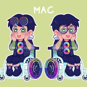 May include: Illustration of a cartoon character named Mac, with dark hair and green heart-shaped eyes, wearing rainbow-colored glasses and a black outfit. The character is in a wheelchair with rainbow-colored wheels. The word "MAC" is at the top.