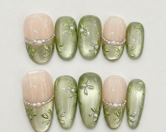 Uñas postizas de ojo de gato verde / Uñas postizas almendradas con flores aura / Uñas postizas con efecto gel brillante / Uñas postizas perladas para uso diario y ocasiones especiales