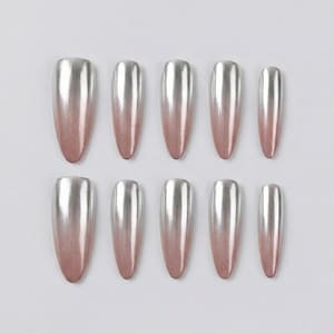 Silver Chrome Ombre Press On Nails | Metallic Rose Long Stiletto Fake Nails | Glitter Nail Art | False Nails for Daily & Special Occasions