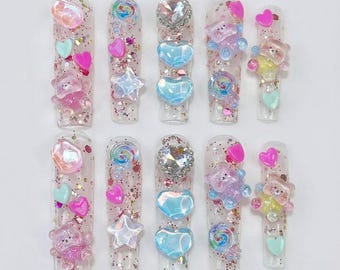 3D Kawaii Gummibärchen drücken auf die Nägel | Langes Quadrat Fake Nägel | Niedliche Y2K Style Shimmer Nagelkunst | Künstliche Nägel für tägliche & besondere Anlässe
