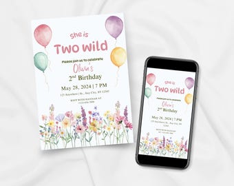 She Is Two Wild Birthday Invitation, Wildflower Second Birthday Invite, Editable Second Birthday invitation, Cute Girl Birthday invitation