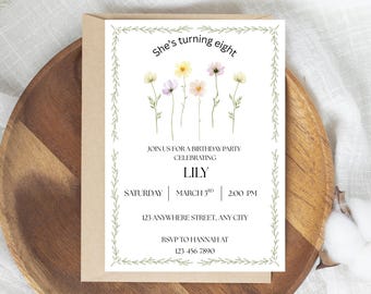 Invitación floral para fiesta de cumpleaños, invitación floral imprimible, invitación editable para fiesta con temática de flores silvestres, invitación de cumpleaños con flores silvestres